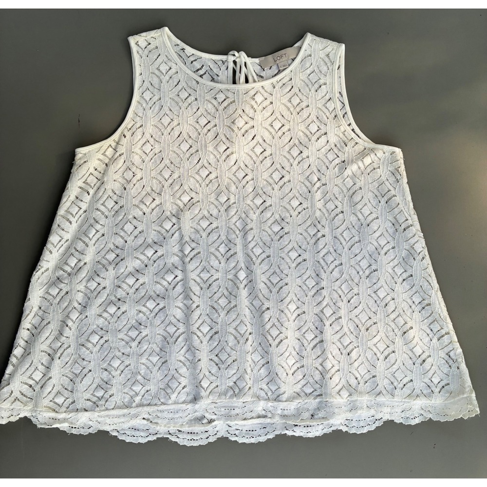 LOFT White Boho Lace Sleeveless Oversized Blouse Keyhole Tie Back Top Small